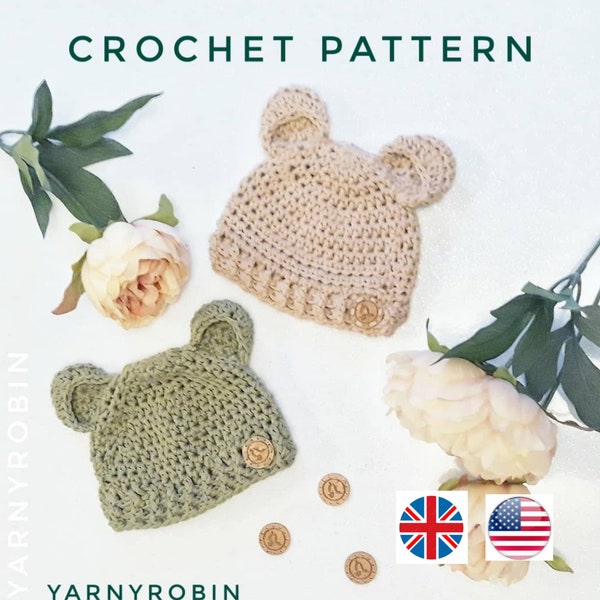 baby bear beanie, crochet bear hat pattern, baby hat crochet pattern, crochet pattern, children's hat crochet pattern,  bear hat pattern