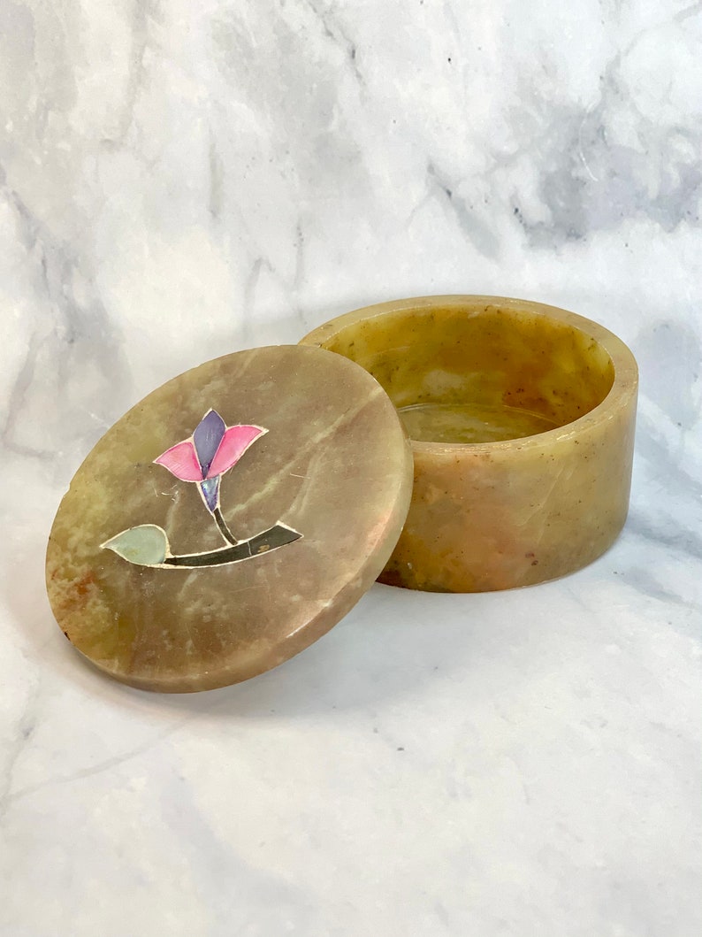 Trinket Box With Lid Soapstone Jewelry Box With Inlaid Floral Etsy