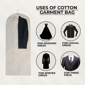 May include: A white cotton garment bag with a zipper closure. The bag is hanging on a hanger and has a black suit inside. The image shows different uses for the bag, including storing a wedding dress, a casual dress, a winter coat, and a three-piece suit.