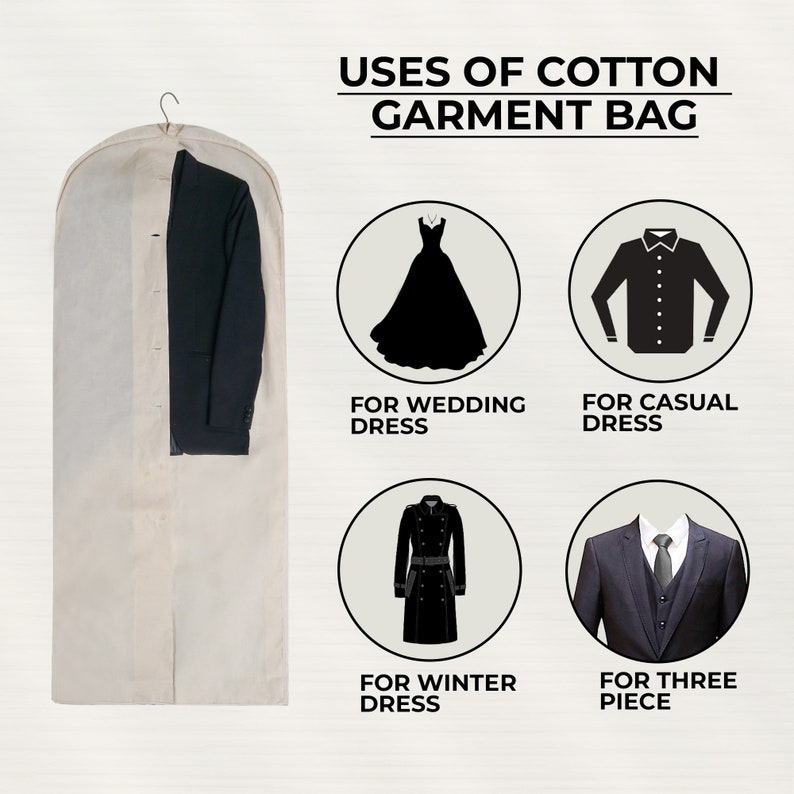 May include: A white cotton garment bag with a zipper closure. The bag is hanging on a hanger and has a black suit inside. The image shows different uses for the bag, including storing a wedding dress, a casual dress, a winter coat, and a three-piece suit.