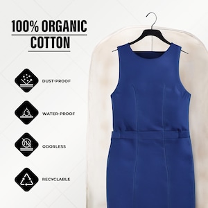 May include: A blue sleeveless dress hanging on a black hanger. The dress has a simple design and is made of 100% organic cotton. The dress is dust-proof, water-proof, odorless, and recyclable.