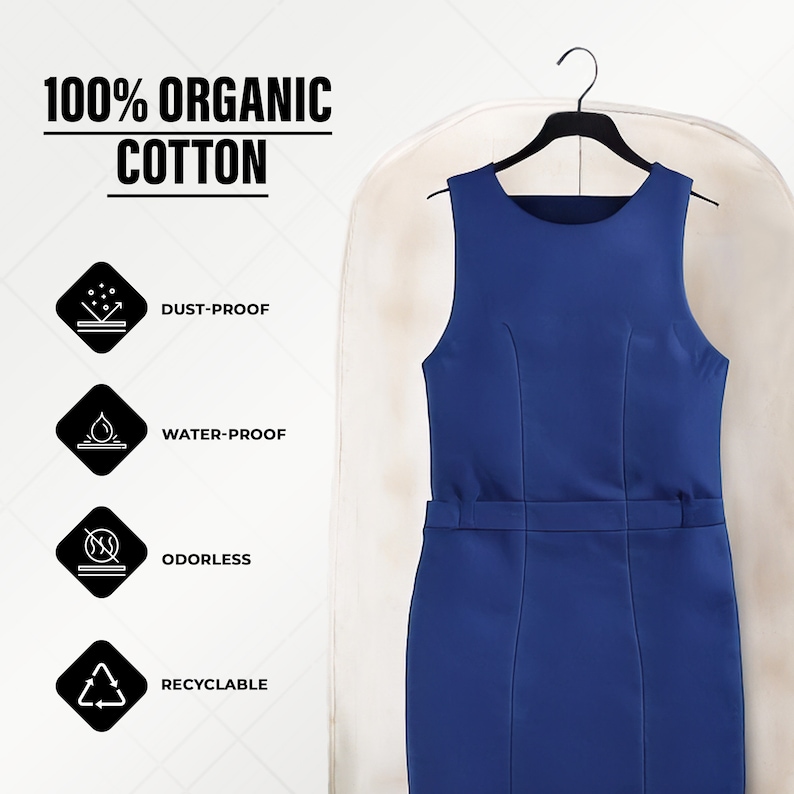 May include: A blue sleeveless dress hanging on a black hanger. The dress has a simple design and is made of 100% organic cotton. The dress is dust-proof, water-proof, odorless, and recyclable.