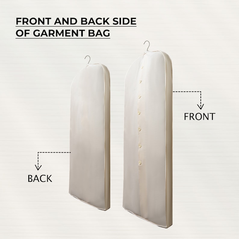 May include: Front and back view of a garment bag. The bag is white with a zipper closure and a hanger loop. The bag is designed to protect clothing from dust and wrinkles.