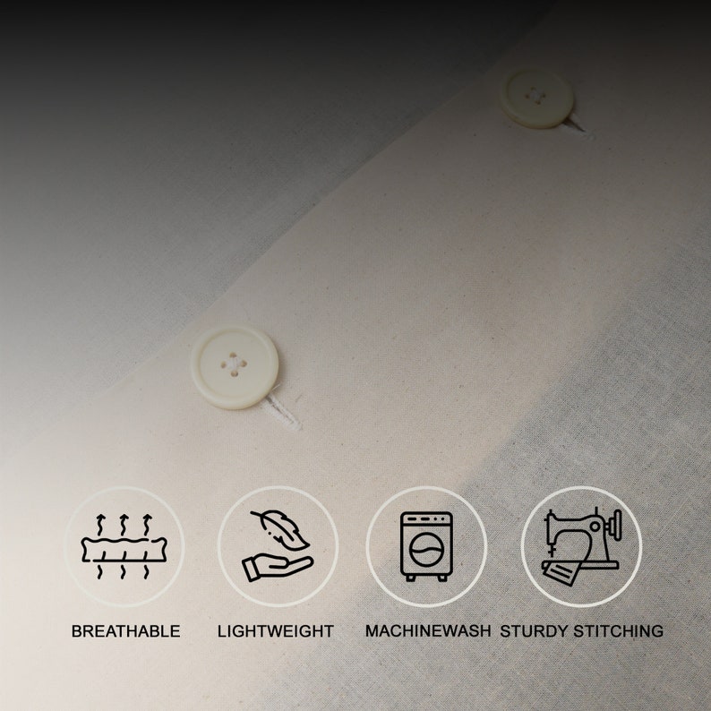 May include: Close-up of a beige fabric with four icons representing the features of the fabric: breathable, lightweight, machine washable, and sturdy stitching.