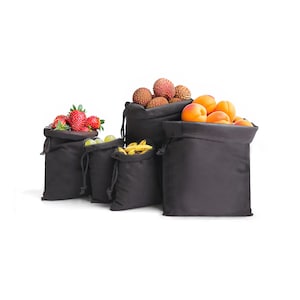 May include: Set of six black reusable produce bags with drawstring closures. The bags are filled with various fruits, including strawberries, lychees, and apricots.