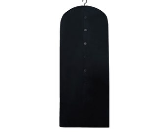 May include: Black garment bag with a zipper closure and a hook for hanging. The bag has a row of buttons down the front.