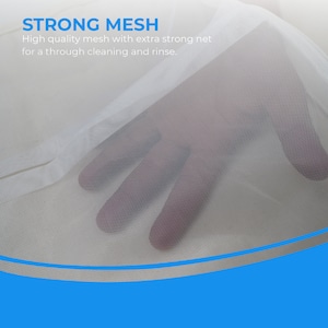May include: Close-up of a white mesh fabric with a fine weave. The fabric is held in a hand, showing its delicate texture. The text "STRONG MESH" is visible at the top of the image, along with the description "High quality mesh with extra strong net for a through cleaning and rinse."