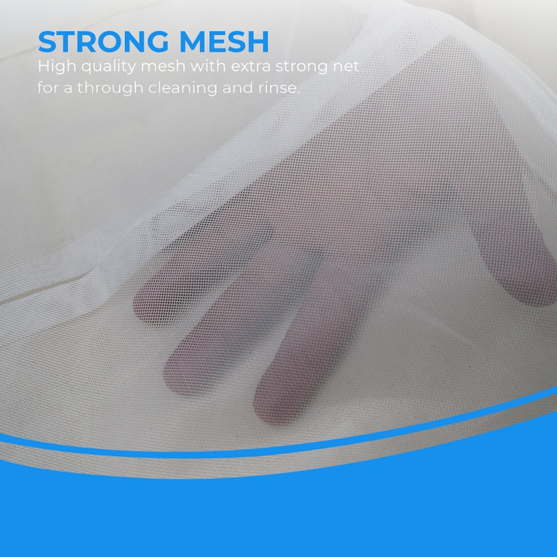 May include: Close-up of a white mesh fabric with a fine weave. The fabric is held in a hand, showing its delicate texture. The text "STRONG MESH" is visible at the top of the image, along with the description "High quality mesh with extra strong net for a through cleaning and rinse."