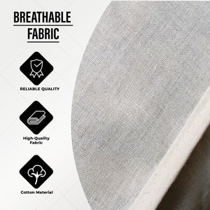 May include: A close-up of a white, breathable fabric with a textured weave. The fabric is labeled "Breathable Fabric" and has three icons: a shield with a checkmark, representing reliable quality; a folded fabric icon, representing high-quality fabric; and a cotton boll icon, representing cotton material.