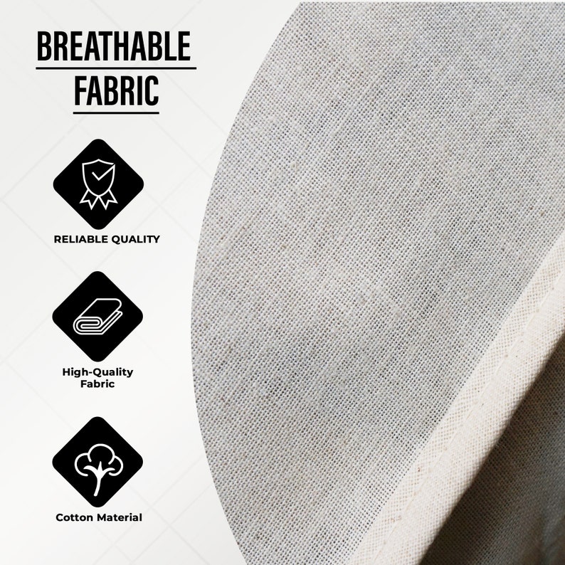 May include: A close-up of a white, breathable fabric with a textured weave. The fabric is labeled "Breathable Fabric" and has three icons: a shield with a checkmark, representing reliable quality; a folded fabric icon, representing high-quality fabric; and a cotton boll icon, representing cotton material.