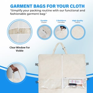 May include: A beige garment bag with a zipper closure, two reinforced handles, and a clear window for visibility. The bag has a clear plastic pocket on the front for storing small items. "Simplify your packing routine with our functional and fashionable garment bag."