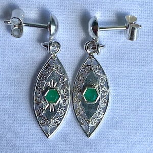 Genuine Colombian emerald earrings, silver 925 filigree, real natural emerald