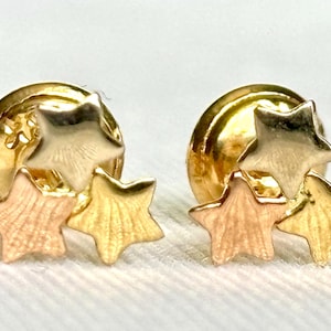 18k solid real  3 gold earrings Stars earrings • screw back