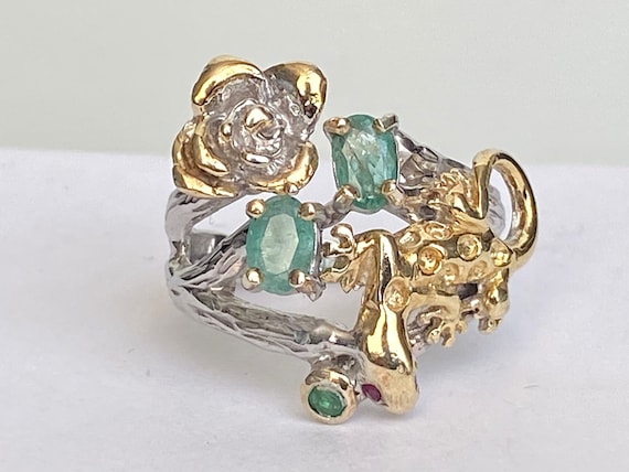 Genuine Colombian Emerald Lizard ring, Silver 925 and 18K gold plated, size 9