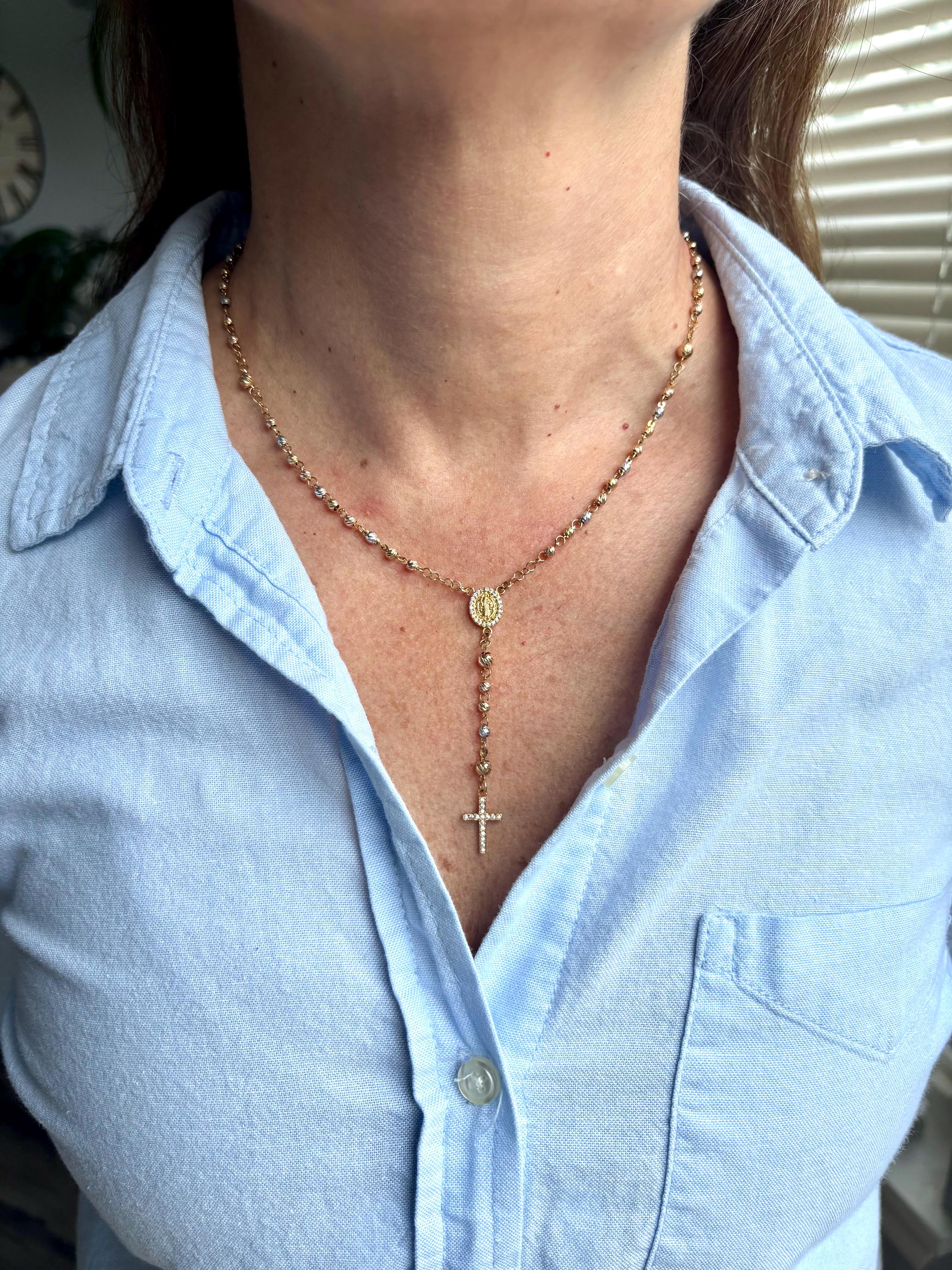 18k Solid Gold Rosary Necklace: Tri-color, Simulated Diamonds, 16
