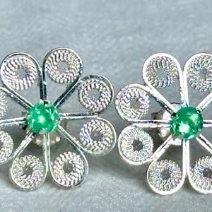 Genuine Colombian emerald earrings, Handmade filigree earrings, silver 925,
