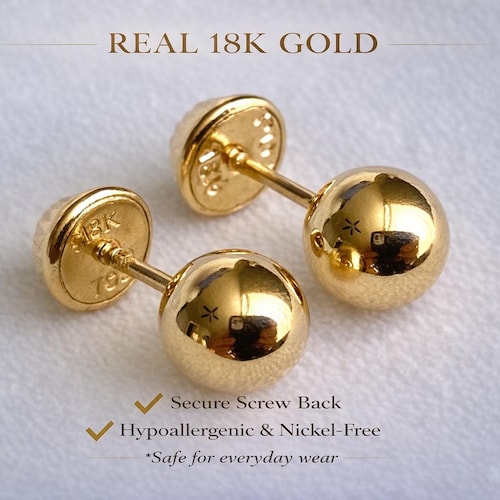 18k Solid Real Gold Earrings: Ball Earrings • Screw Back 6 Mm - Etsy