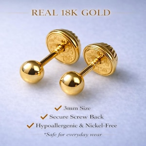 18k solid real gold earrings: ball earrings • 3 mm - screw back