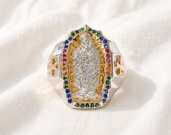 Virgin of Guadalupe Ring, 925 Sterling Silver & 10K Gold Overlay, CZ Religious Ring, Catholic Statement Ring, Unisex Sizes  9.5 to 14