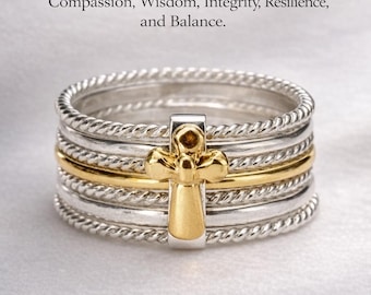 Anillo Semanario de las Siete Virtudes – Anillo apilable de cruz de plata de ley 925 y oro, joyería con significado religioso, regalo para mamá o hija.