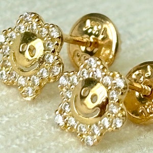18k solid real gold Smile face star earrings • screw back