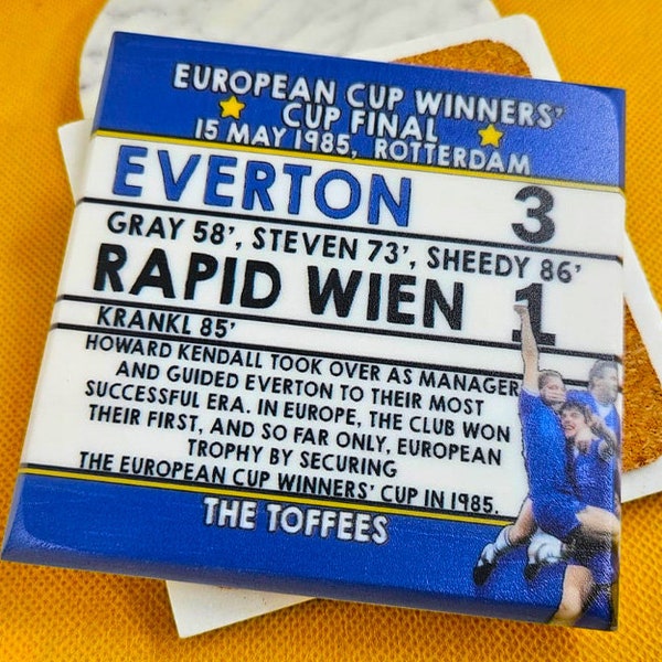 Everton 1985 European Cup winners cup final Everton 3 v 1 Rapid Wien. Everton fan gift | The Toffees Marble coaster gift