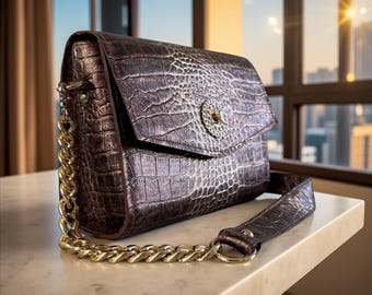 Gold Ombré Croc calf leather shoulder bag handmade, made in USA Custom made bag. Back  pocket  leather,  real leather brown natural leather