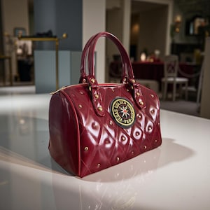 May include: A burgundy handbag with a quilted pattern and gold-colored studs. The bag features a patch with the words "Golden Knights Vegas" and a compass rose design. It has two handles and a zipper closure.
