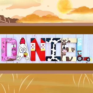 May include: A wooden sign spelling "DANIEL" with each letter designed with a farm theme. The letters feature a pig, chicken, barn, cow, and tractor. The background shows a sunset over a farm landscape.