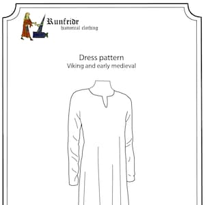 May include: A black and white line drawing of a dress pattern for a Viking or early medieval tunic. The pattern is for a long-sleeved, loose-fitting garment with a V-neck.
