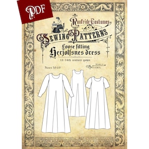 DIGITAL Runfridr sewing pattern- Loose fitting Herjolfsnes medieval dress. Size 32-44