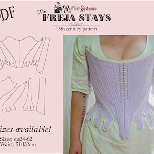 May include: A digital pattern for a 18th century stays, also known as a corset. The pattern is available in 16 sizes, from EU 34 to 62, with a waist measurement of 51 to 132 cm. The pattern is shown on a pink background with a drawing of the stays and a photo of a person wearing a purple stays.