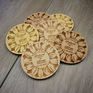Wood Save the Date Magnets 2.5x2.5 inch Personalized Wedding Save the Date Magnets Sunflower Laser Engraved wood