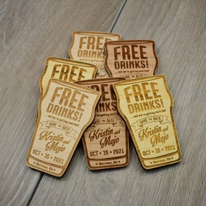 Wedding Save the Date Magnets - Personalized Laser Engraved Wood Magnets with Free Drinks