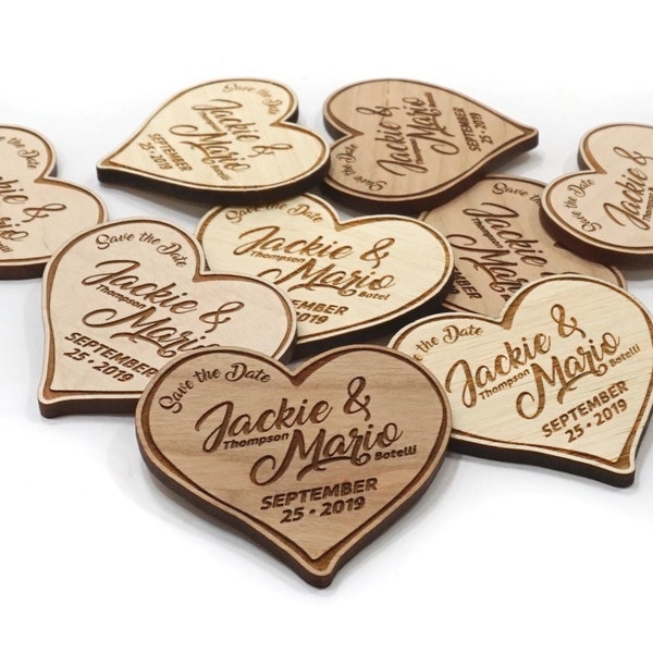 Forme de cœur 2,5 pouces x 2 pouces en bois personnalisé Save the Date Magnets Annonce de mariage Thème romantique Mariage Frigo Aimants Coeur Amour