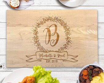 Custom Cutting Board Initial  in wreath Personalized Gifts Laser Engraved Wood Chopping Block Wedding Gift for couple Family Name Gift