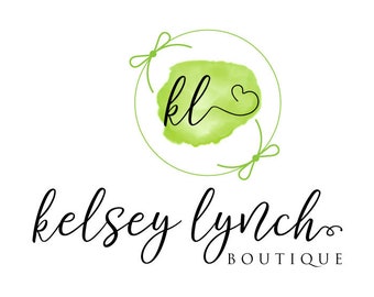 Initials Monogram Logo, Watercolor Logo Design Custom, Green Bow, Heart Font Lettering, Boutique Logo, Shop Logo, Logo Design Branding, Logo