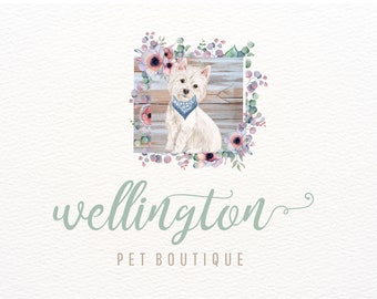 Westie Dog Logo, Watercolor Rustic Wood Dog Logo Design, West Highland Terrier Logo, Floral Frame Logo Branding, Dog Logos, Pet Groomer Logo