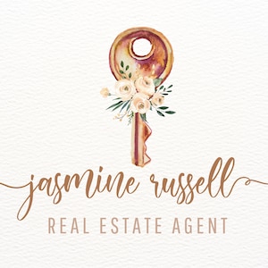 Gouden sleutel met bloemen, logo-ontwerp, onroerendgoedlogo, aquarellogo, makelaar, bedrijfslogo, merklogo, aangepast logo, digitaal
