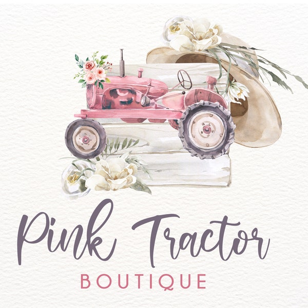 Farm Logo, Pink Tractor Logo, Vintage Logo, Farmhouse Logo, Watercolor Logo, Boutique Logo, Hand Painted Logo, Modern Logo, Custom branding