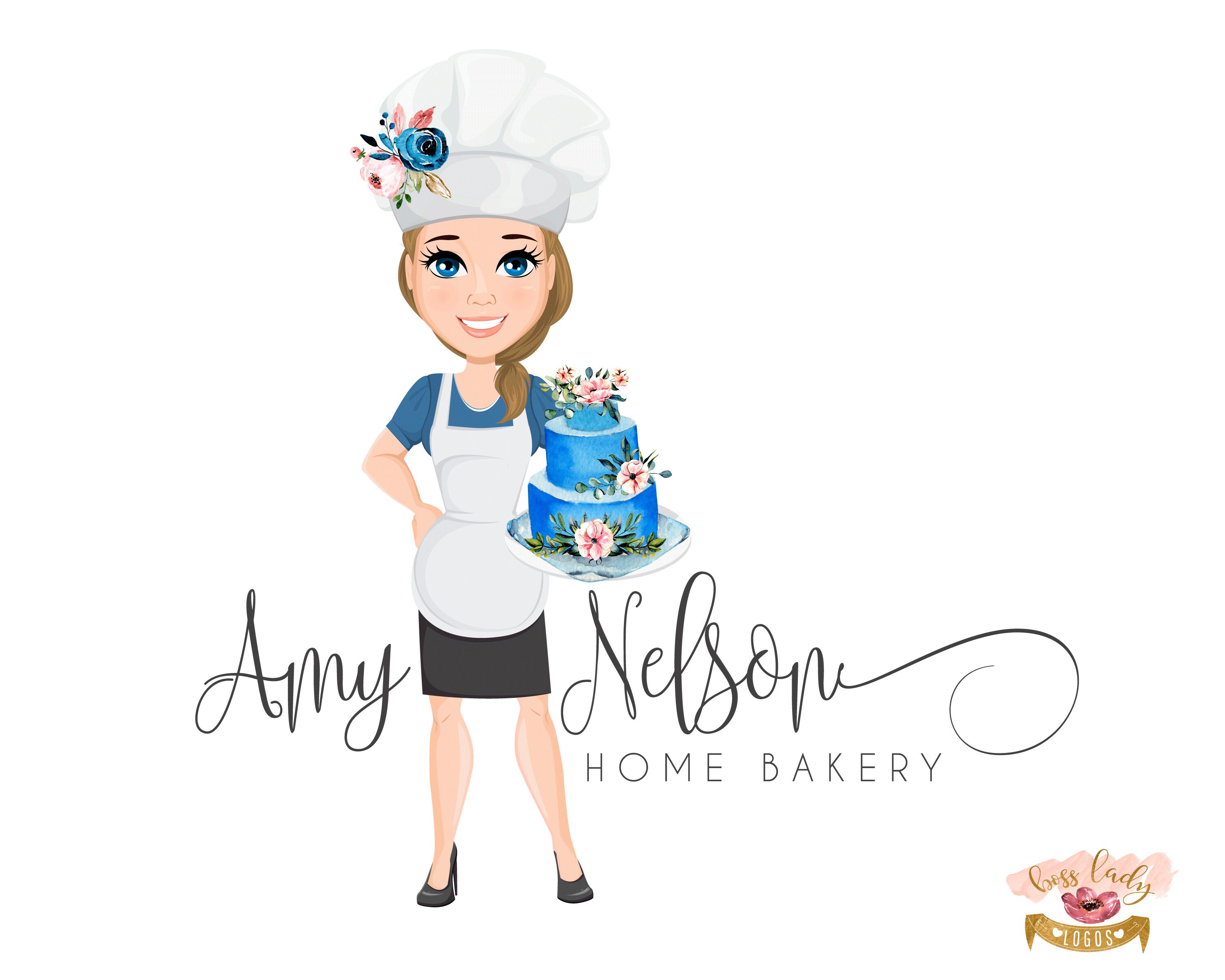 Home Baker Logo Bakery Woman Mascot Blue Watercolor Cake | Etsy