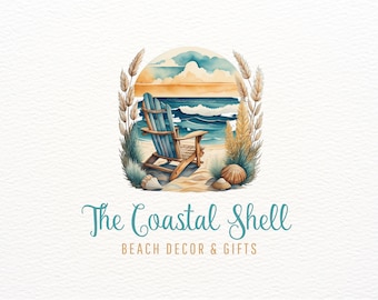 Coastal Logo, Nautical Logo, Beach Logo, Ocean Logo, Seashell Logo, Sea Logo, Adirondack Chair Logo, Shore House Logo, Sand Logo, Watercolor