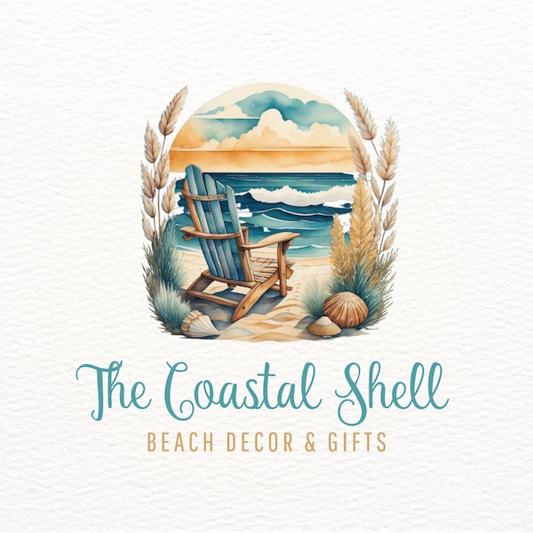 Coastal Logo, Nautical Logo, Beach Logo, Ocean Logo, Seashell Logo, Sea Logo, Adirondack Chair Logo, Shore House Logo, Sand Logo, Watercolor