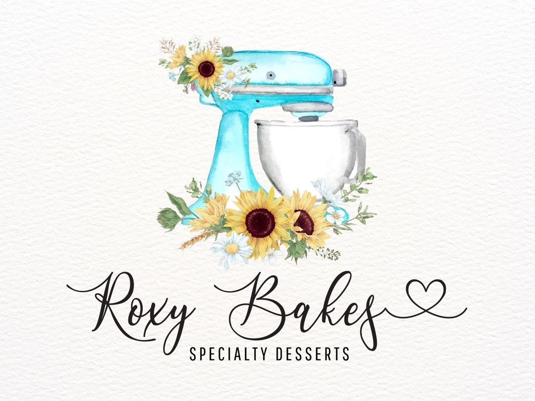 Sunflower Baking Logo, Mixer Logo Design, Turquoise Bakery Logo, Heart Text, Watercolor, Home