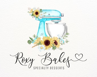 Sunflower Baking Logo, Mixer Logo Design, Turquoise Bakery Logo, Heart Text, Watercolor, Home Baker Logo, Custom Logo, Pastry Chef Logos