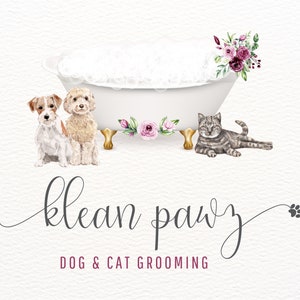 Pet Spa Logo, Grooming Logo, Jack Russell Terrier, Bathtub Logo, Gray Cat, Pet Salon Logo, Groomer Logo, Pet Logo Design, Watercolor Flowers