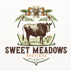 Vintage farm logo countryside cow premade digital watermark farmhouse meadow watercolor personalized logo western png retro graphics design