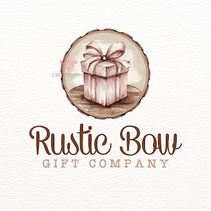 Scatola regalo con fiocco, design del logo personalizzato, legno rustico, confezione di branding moderna, png digitale, logo dell'azienda di regali, logo del negozio online, acquerello
