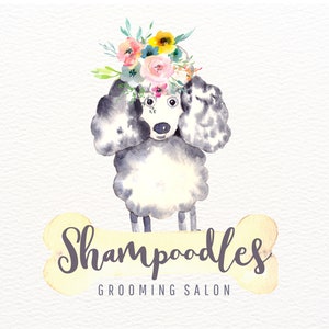 Projekt logo Poodle, logo Pet Sitting Dog Bone Branding, niestandardowe kwiatowe logo pielęgnacji psów, logo groomera zwierząt z akwarelowymi kwiatami