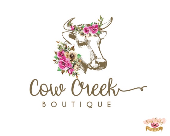 Cow Logo Vintage Logo Rustic Logo Pink Watercolor Floral Etsy